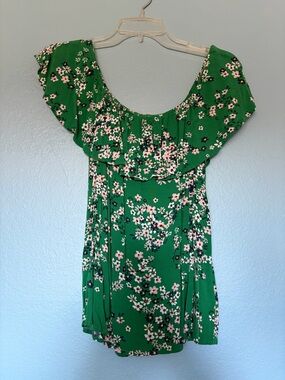 Xhilaration Green Floral Off-Shoulder Dress with White and Pink Blooms